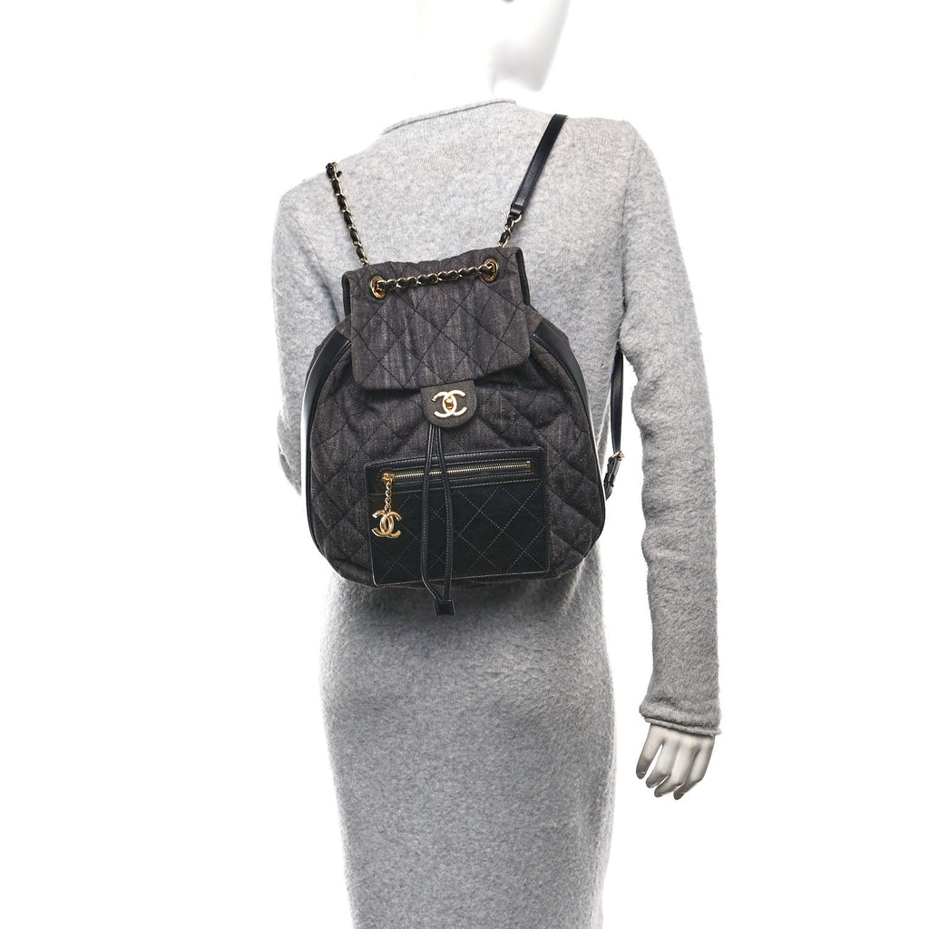 Denim Calfskin Quilted Backpack Dark Grey Black