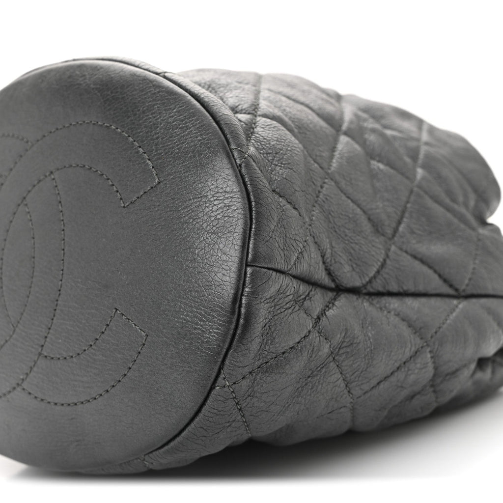 Metallic Lambskin Quilted Pearl Crown Drawstring Bag Anthracite