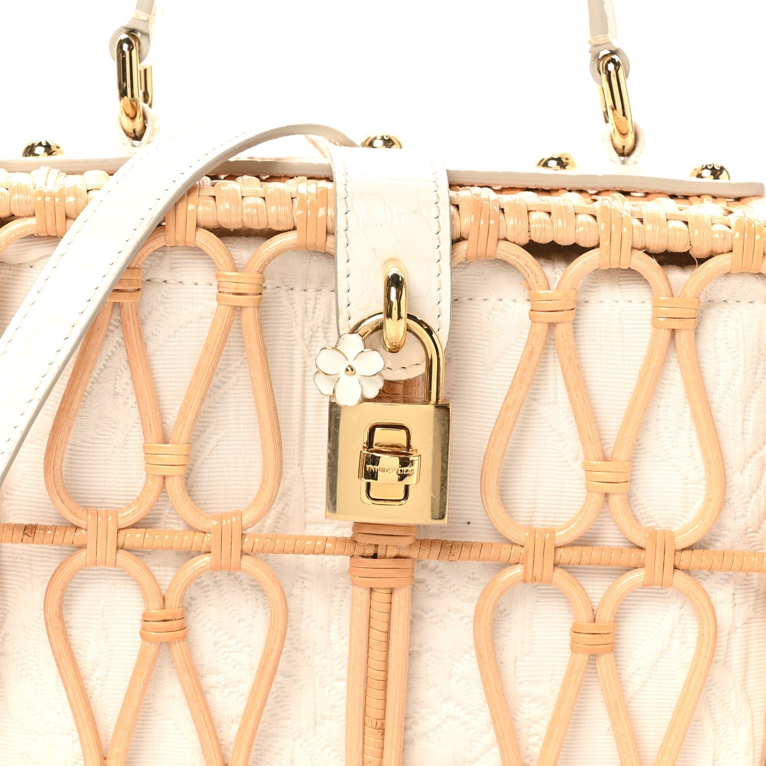 Wicker Calfskin Box Top Handle Bag White