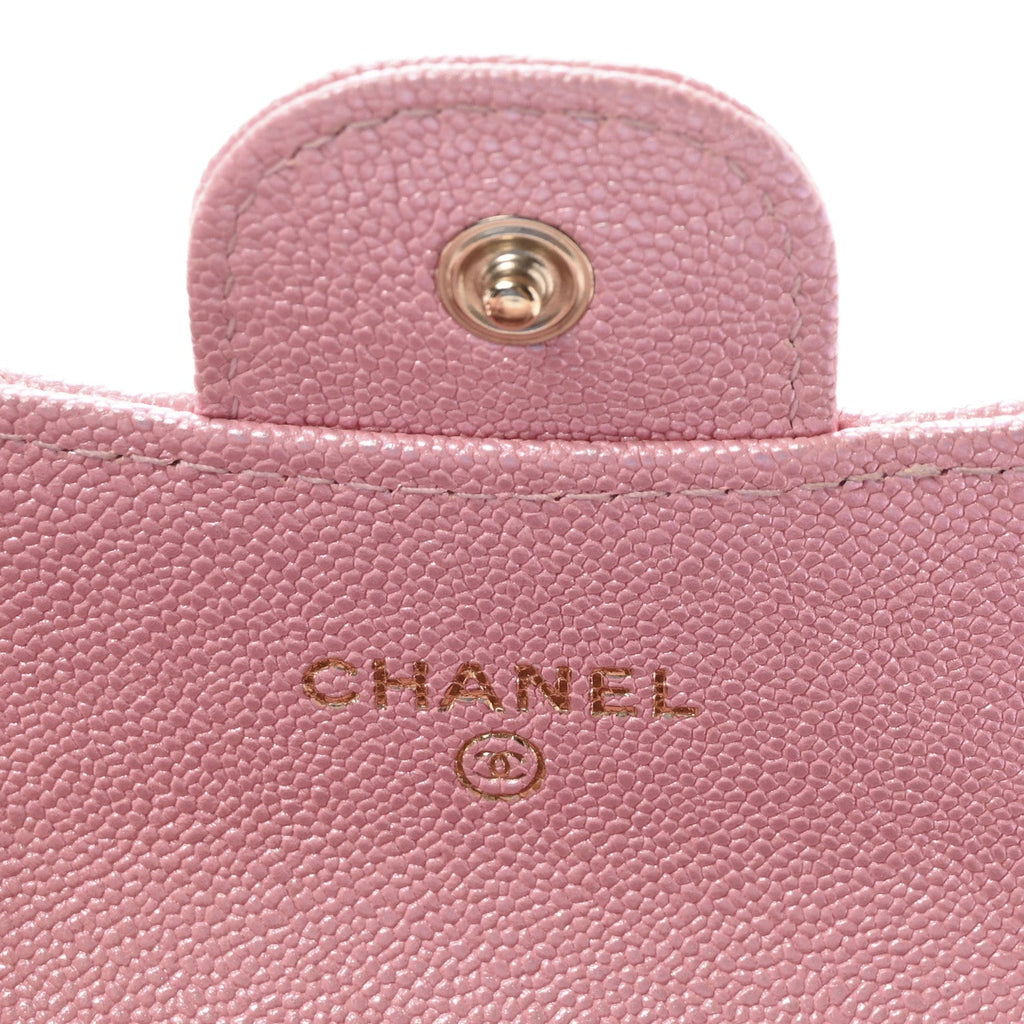 Iridescent Caviar Quilted Flap  Holder On Chain Pink