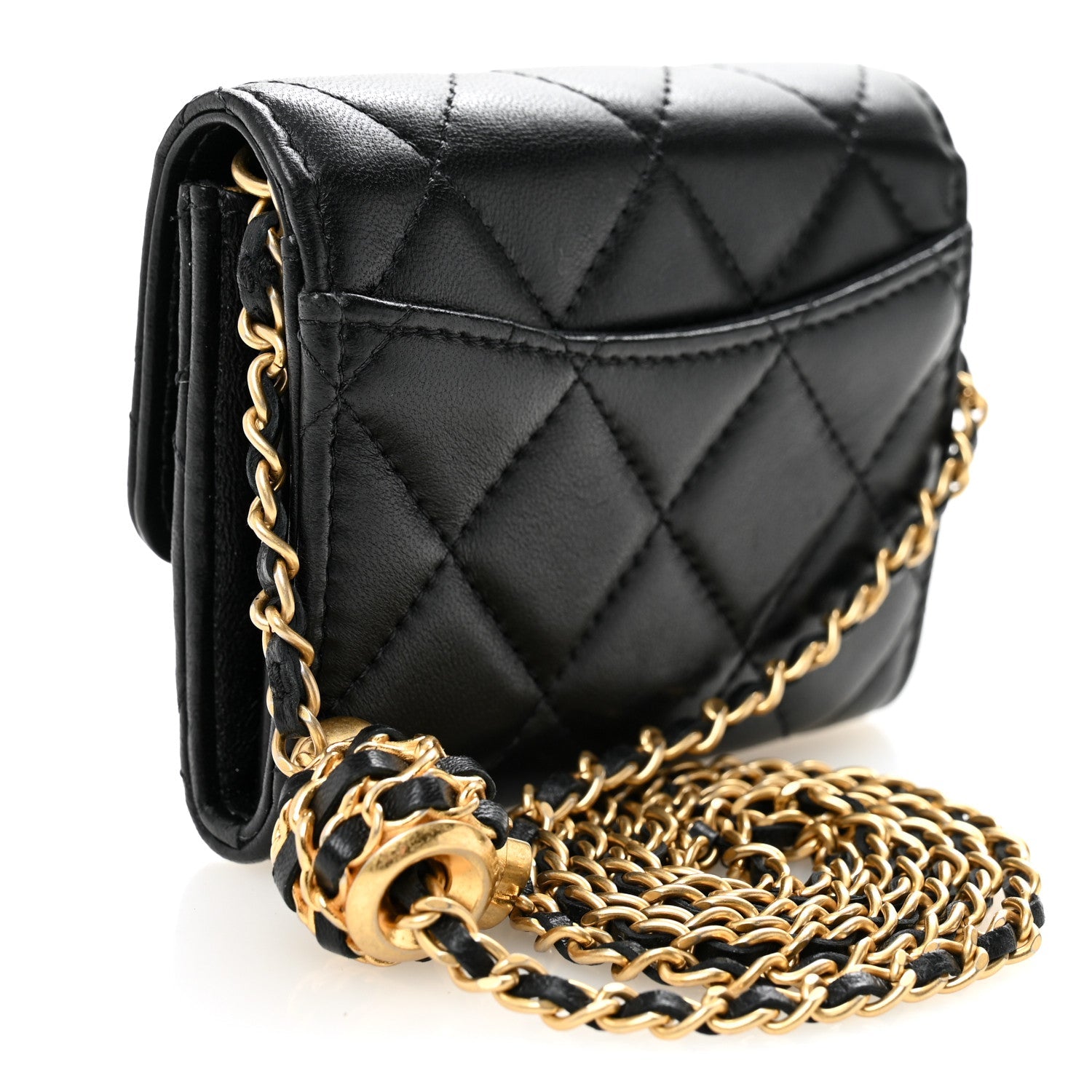 Lambskin Quilted Pearl Crush  Holder With Chain Black