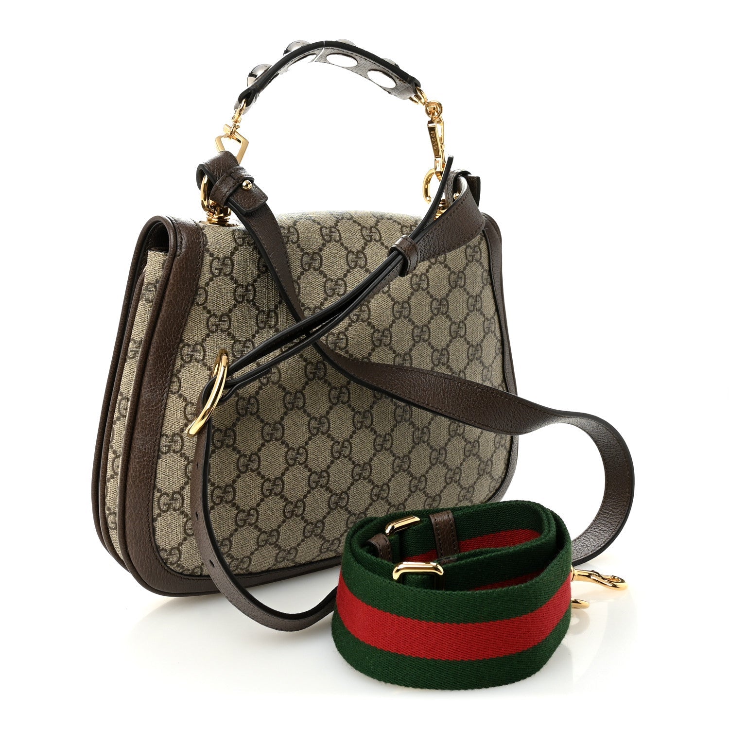 GG Supreme Monogram Textured Dollar Calfskin Web Medium Blondie Top Handle Shoulder Flap Bag Beige Ebony New Acero