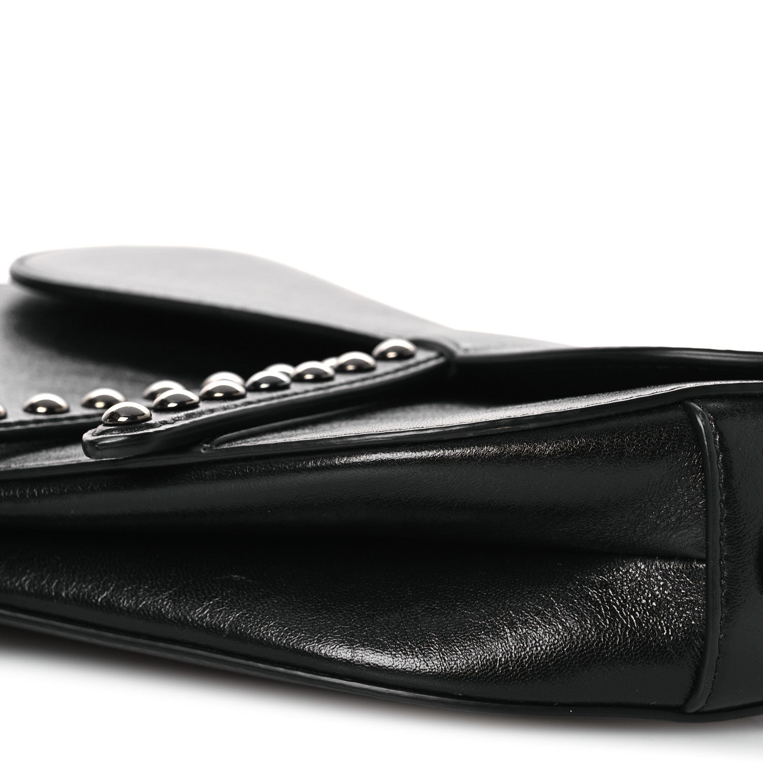 Shiny Crinkled Calfskin Studded Saddle Bag Black