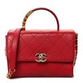 Lambskin Stitched Pearl Logo Top Handle Flap Red