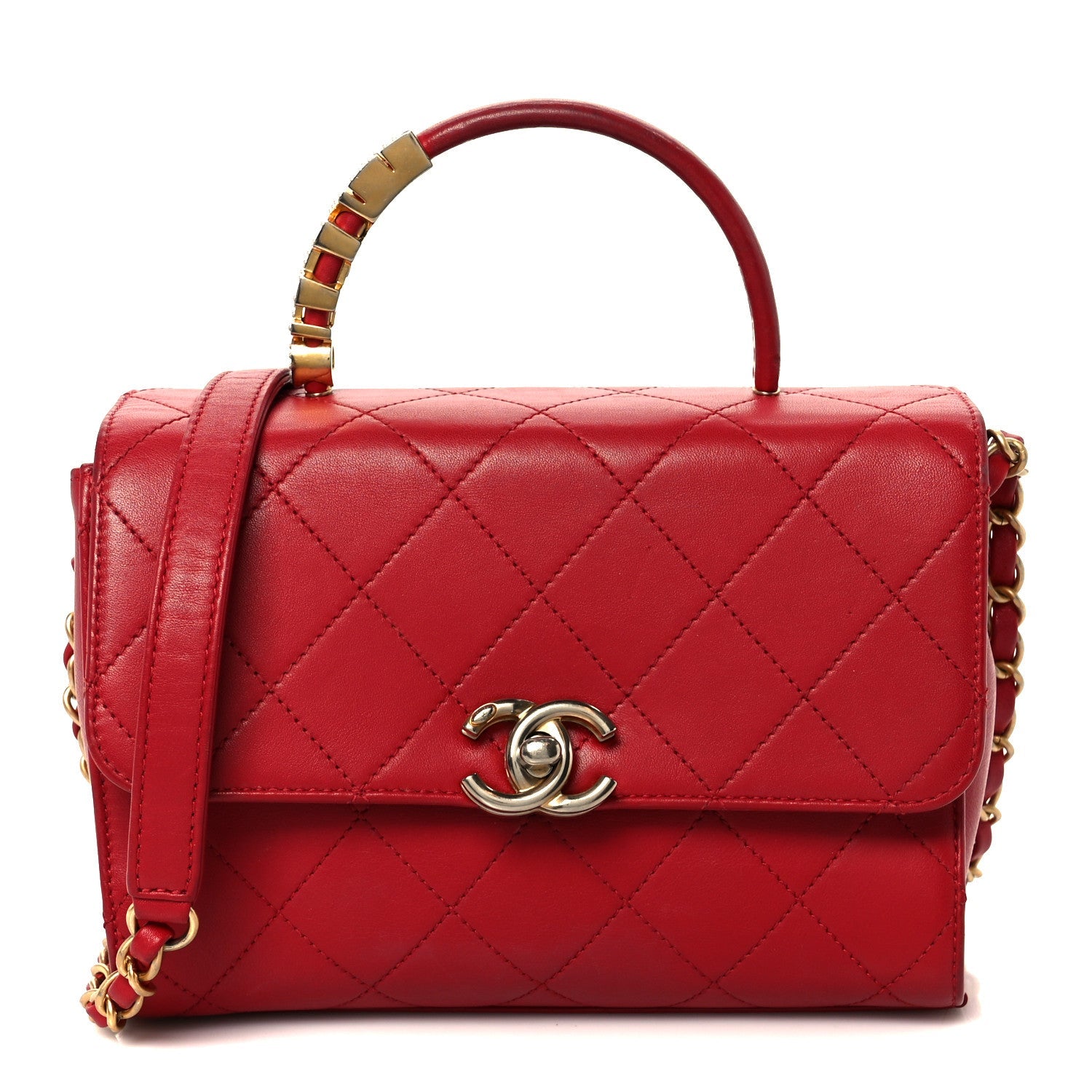 Lambskin Stitched Pearl Logo Top Handle Flap Red