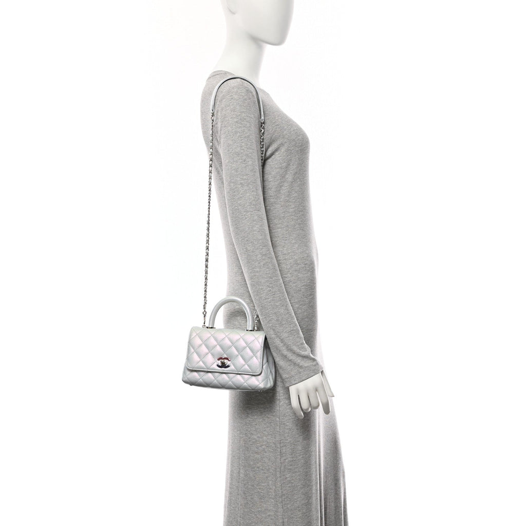 Iridescent Caviar Quilted Extra Mini Coco Handle Flap Light Blue