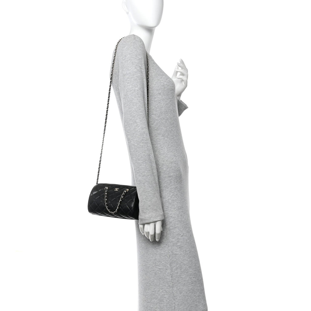 Caviar Quilted Barrel Clutch With Chain  Black