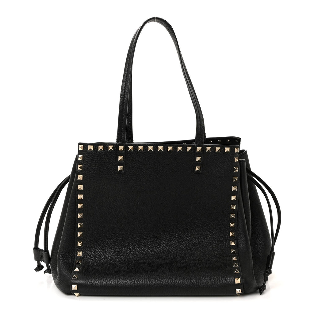 Grained Calfskin Rockstud Double Handle Cinch Tote Black