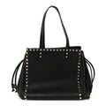 Grained Calfskin Rockstud Double Handle Cinch Tote Black
