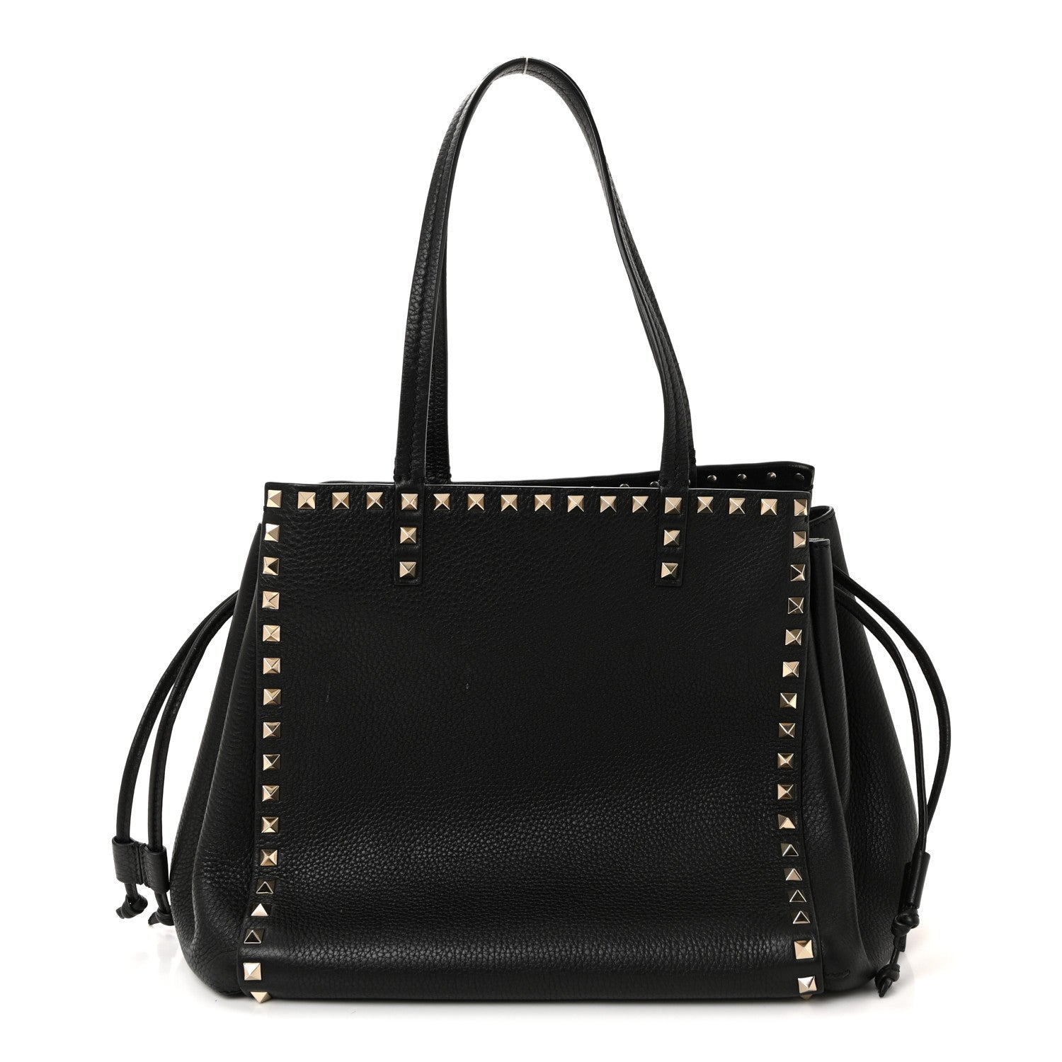 Grained Calfskin Rockstud Double Handle Cinch Tote Black