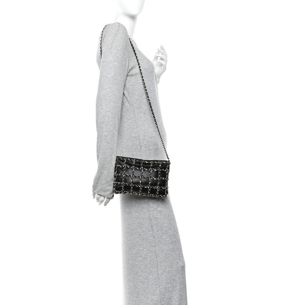 Lambskin Chain Frame Shoulder Bag Black