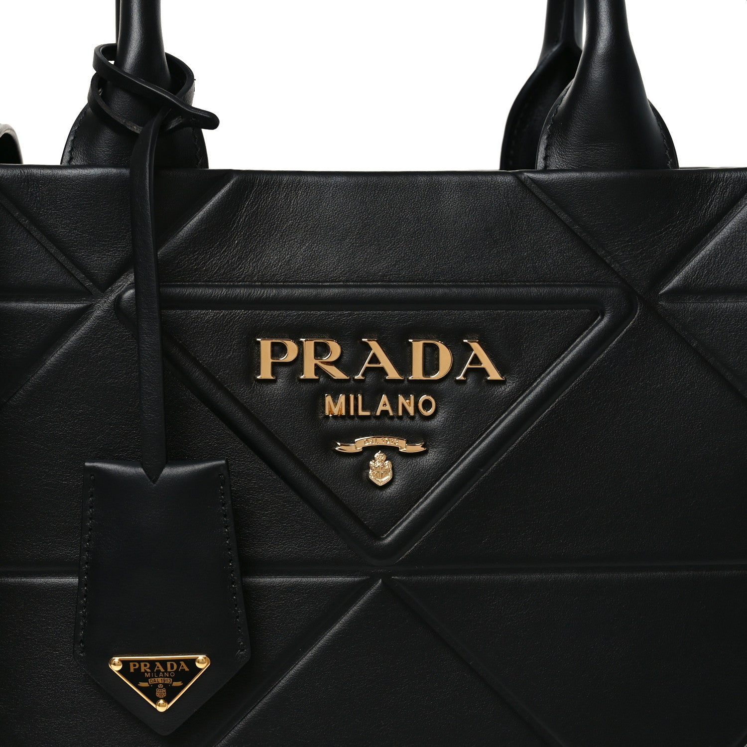 Soft Calfskin Triangolo Symbole Embossed Small Tote Black