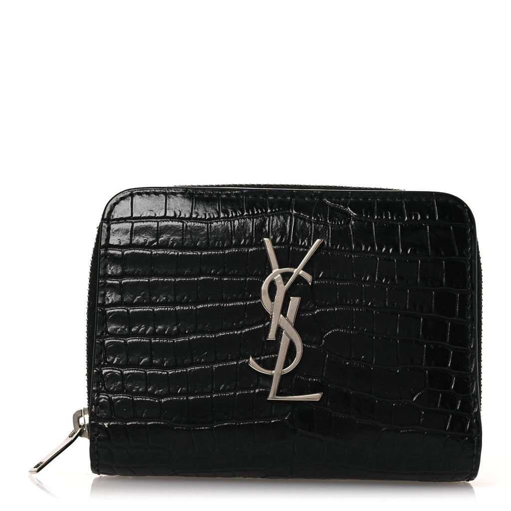 Calfskin Crocodile Embossed Monogram Compact Wallet Black