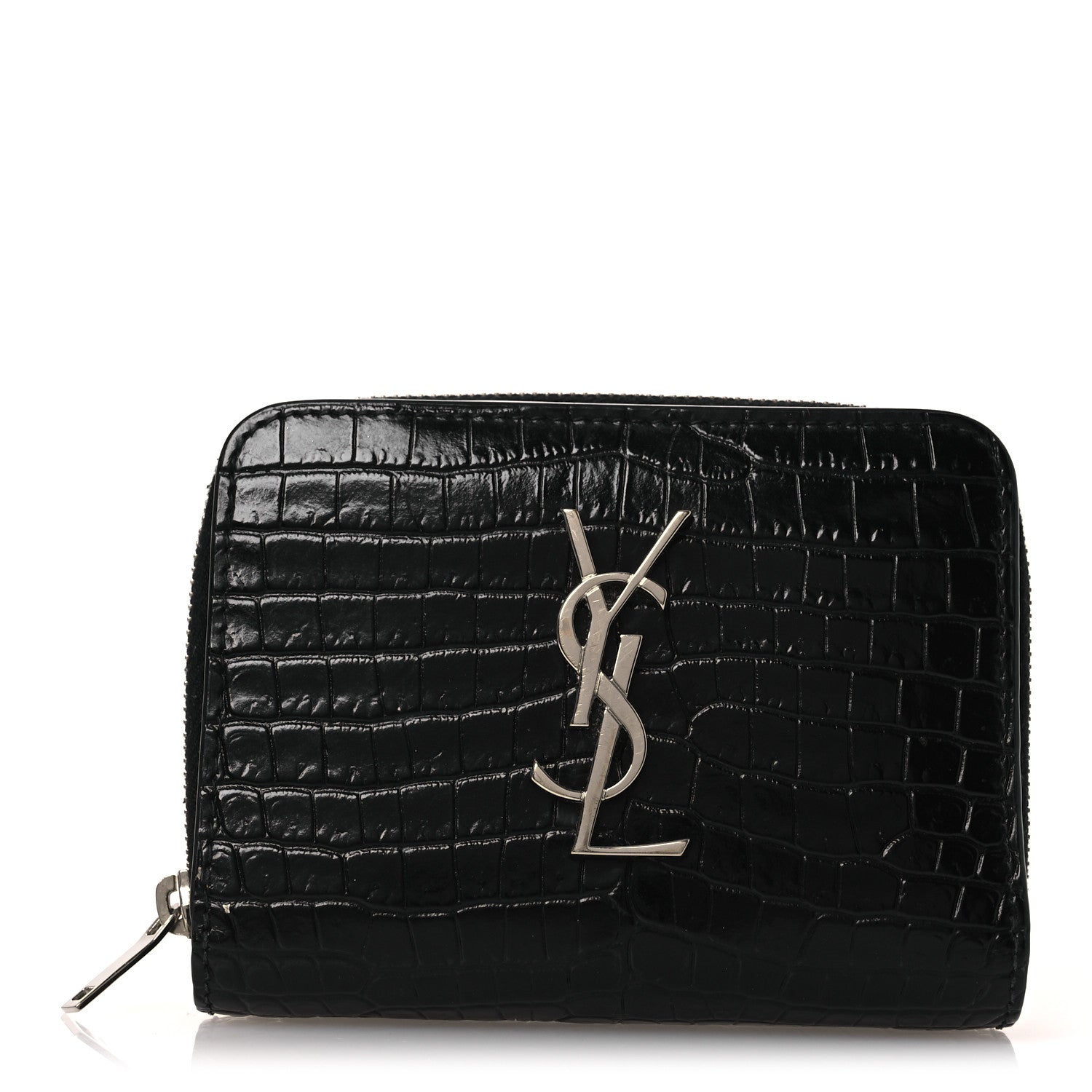 Calfskin Crocodile Embossed Monogram Compact Wallet Black