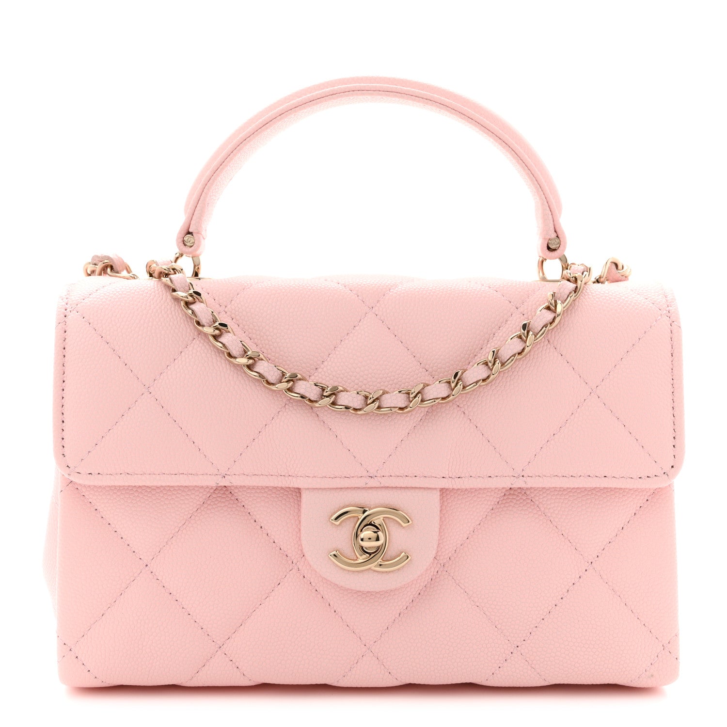 Caviar Quilted Retro Mini Twist Top Handle Clutch Flap Light Pink