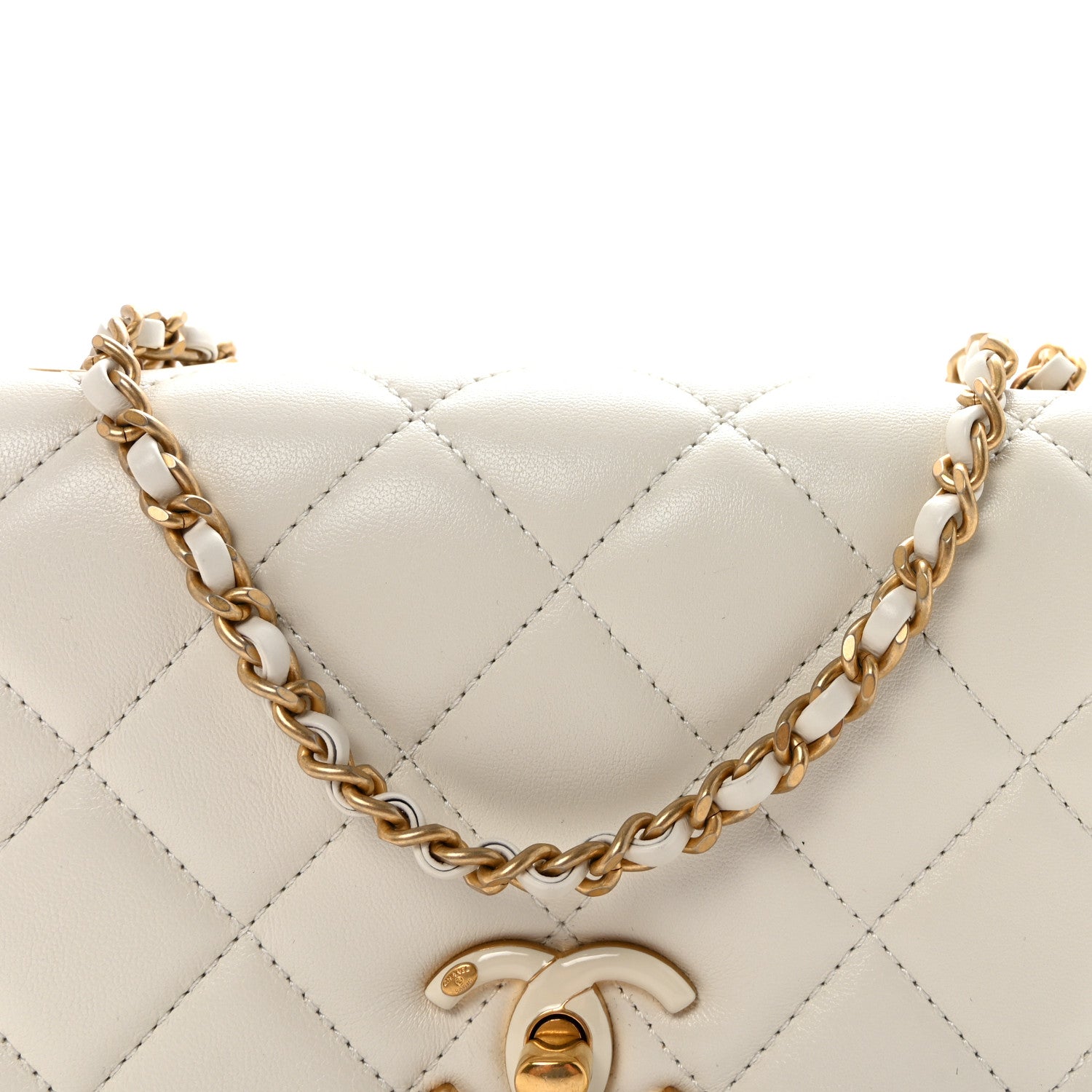 Shiny Lambskin Quilted Enamel CC Small Flap White