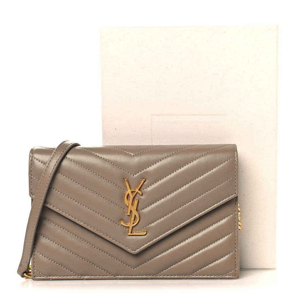 Lambskin Matelasse Chevron Monogram Envelope Chain Wallet Dusty Grey