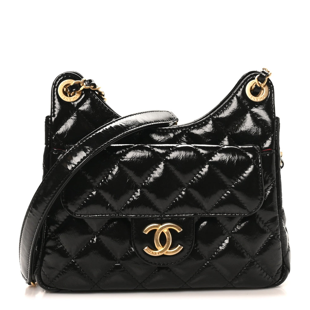 Shiny Crumpled Calfskin Quilted Small Wavy CC Hobo Black