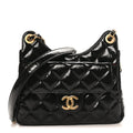 Shiny Crumpled Calfskin Quilted Small Wavy CC Hobo Black