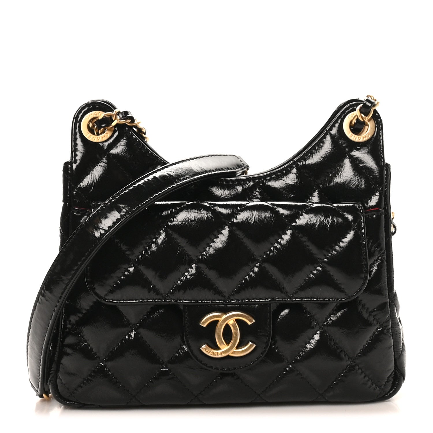 Shiny Crumpled Calfskin Quilted Small Wavy CC Hobo Black