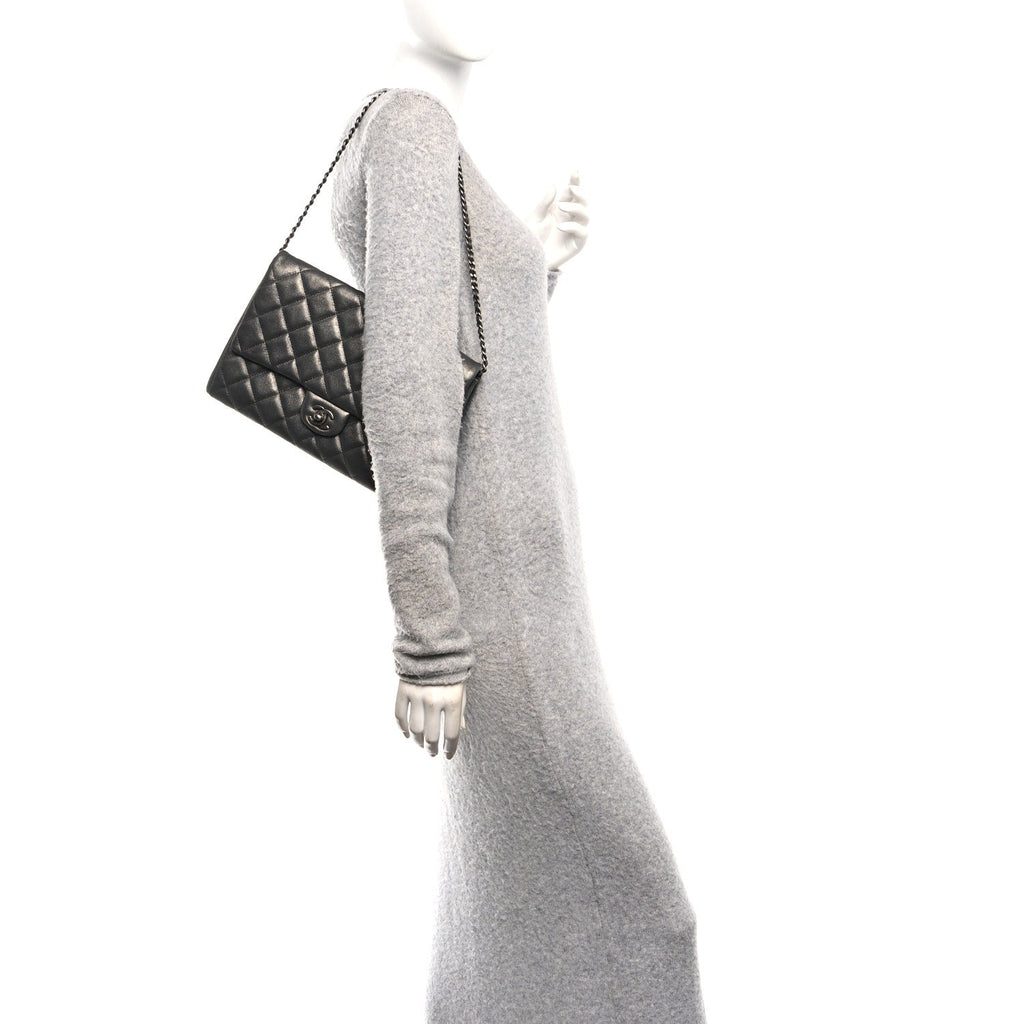 Metallic Lambskin Quilted Clutch With Chain Flap Dark Grey