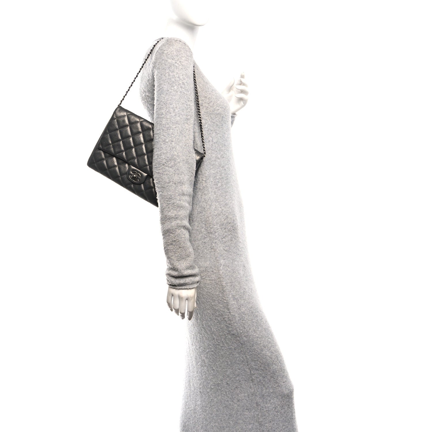 Metallic Lambskin Quilted Clutch With Chain Flap Dark Grey