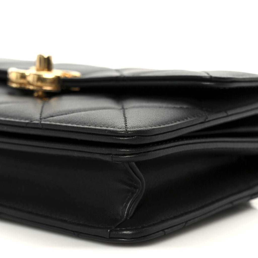 Shiny Calfskin Quilted Mini Metal Top Handle Flap Black