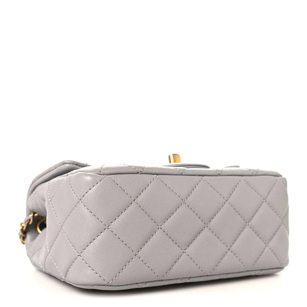 Lambskin Quilted Mini Pearl Crush Flap Light Grey