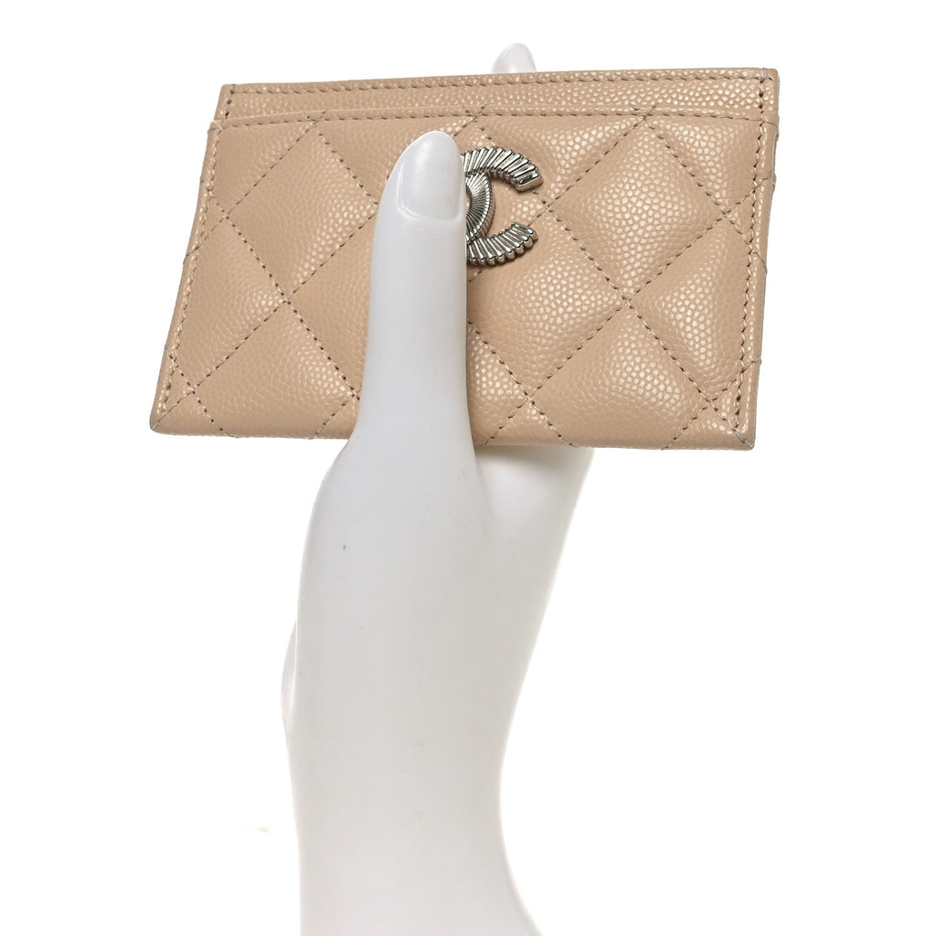 Caviar Quilted Textured CC  Holder Beige