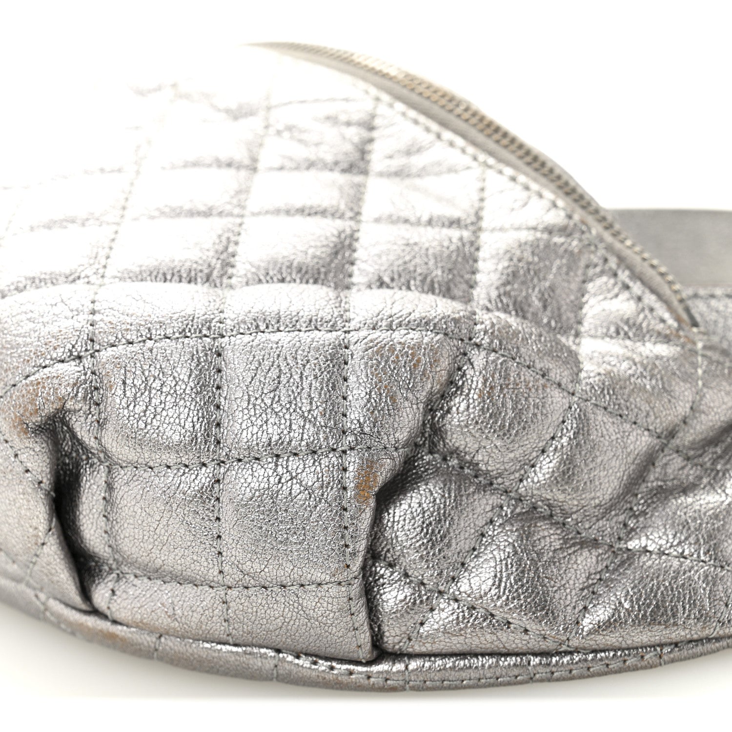 Metallic Calfskin Quilted Banane Waist Bag Fanny Pack Dark Silver