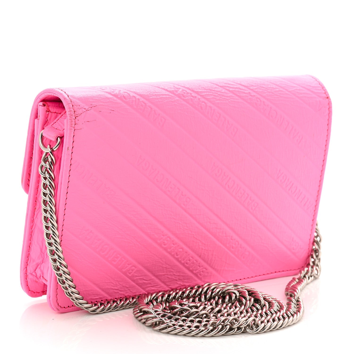 Shiny Goatskin Logo Embossed BB Wallet On Chain Acid Pink