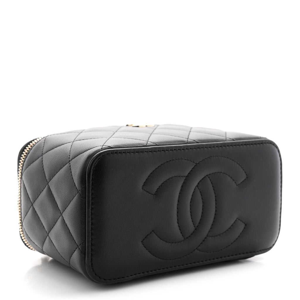 Lambskin Quilted Small Top Handle Vanity Case With Chain Black