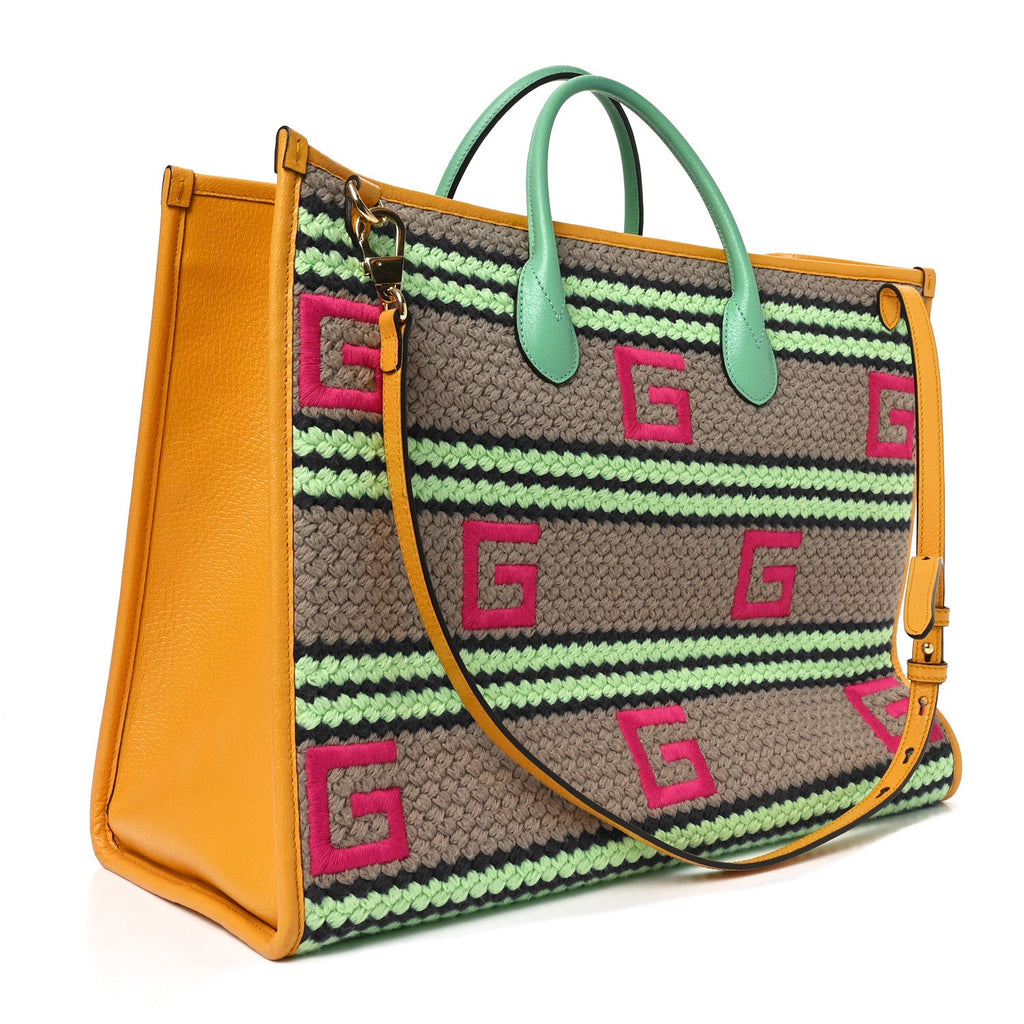 Fabric Embroidered Capri Striped Tote Bag Yellow