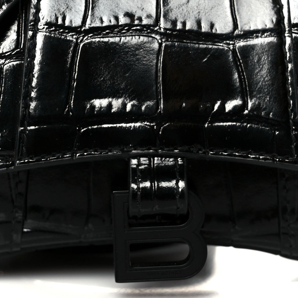 Shiny Calfskin Monochrome Crocodile Embossed Hourglass Top Handle Bag Mini Black