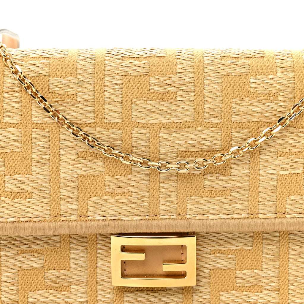 Fabric Jacquard Raffia Straw FF 1974 Wallet On Chain Natural Dark Honey