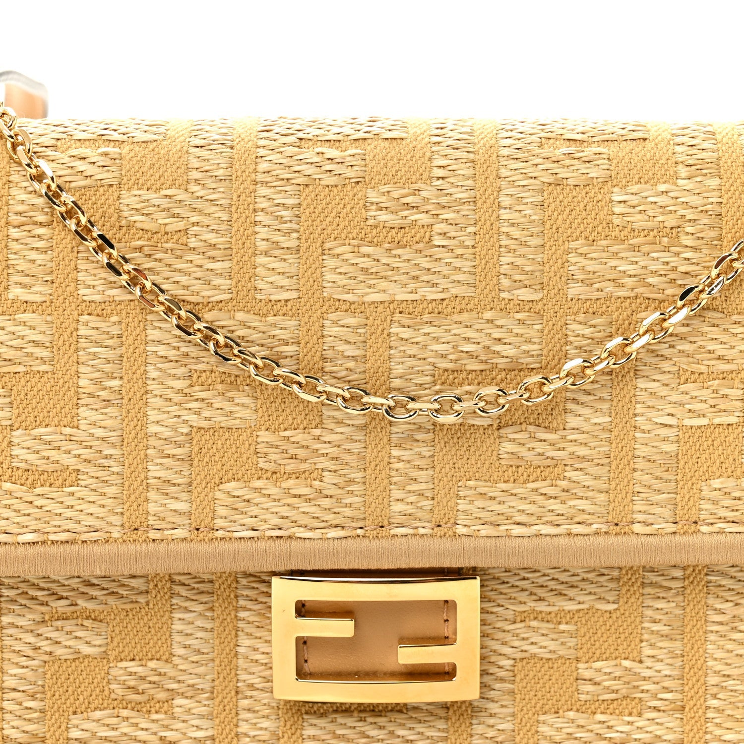 Fabric Jacquard Raffia Straw FF 1974 Wallet On Chain Natural Dark Honey