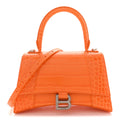 Shiny Calfskin Crocodile Embossed Small Hourglass Top Handle Bag Pop Orange