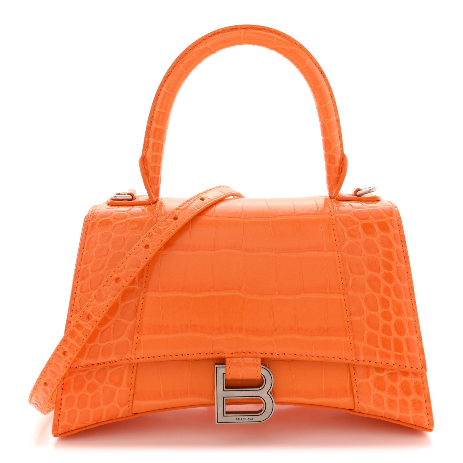 Shiny Calfskin Crocodile Embossed Small Hourglass Top Handle Bag Pop Orange