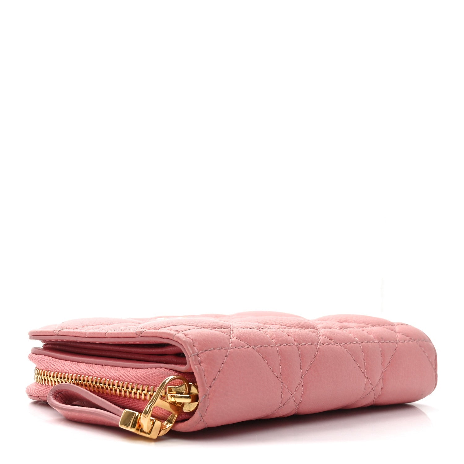 Grained Calfskin Supple Cannage Caro Compact Zipped Wallet Pink