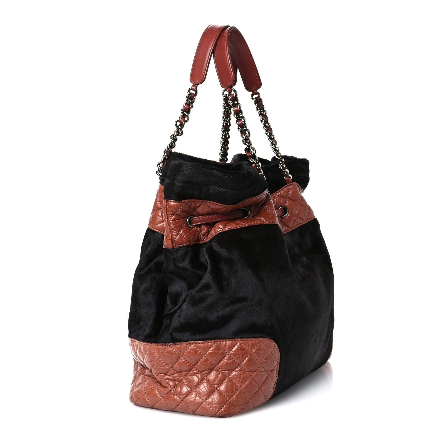 Aged Calfskin Pony Hair Quilted Miss Pony Drawstring Tote Brown