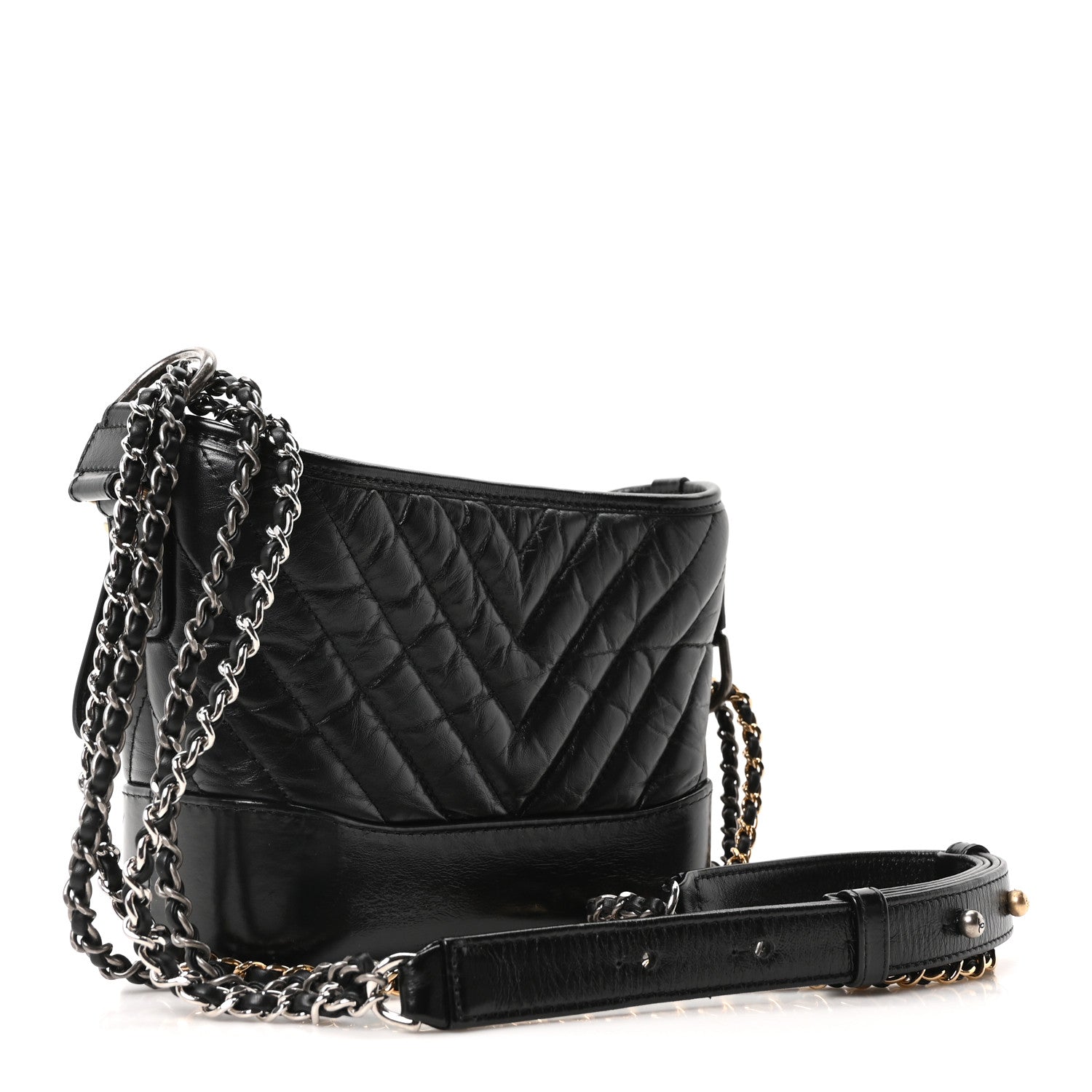Aged Calfskin Chevron Quilted Small Gabrielle Hobo Black