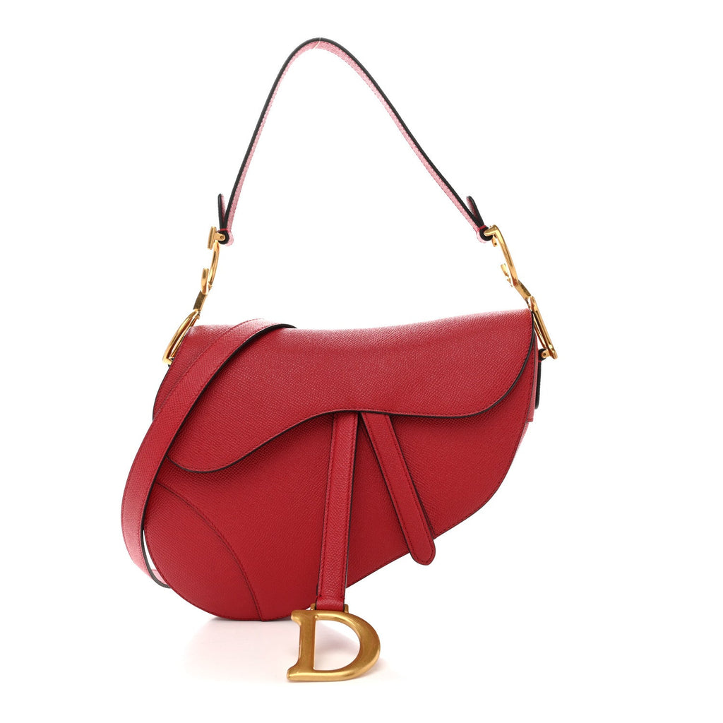 Grained Calfskin Saddle Bag With Strap Cherry Red