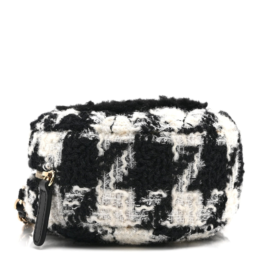 Wool Tweed Lambskin Quilted Round Clutch With Chain and Coin Purse Black White