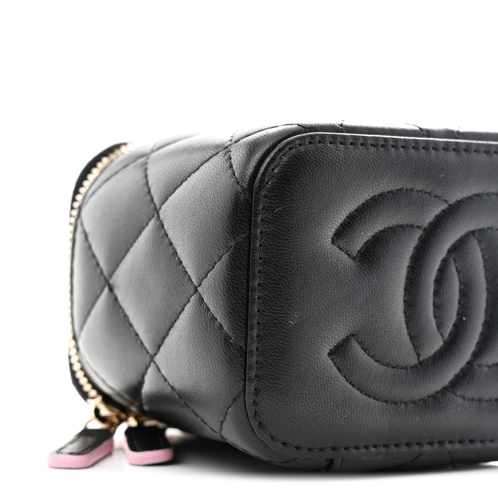Lambskin Quilted Top Handle Mini Vanity Case With Chain Black Pink