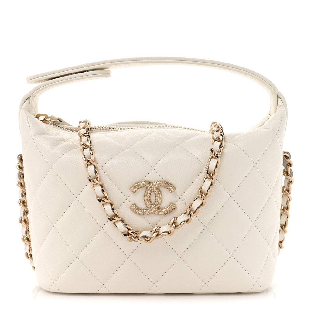 Caviar Quilted Hobo Clutch With Chain White
