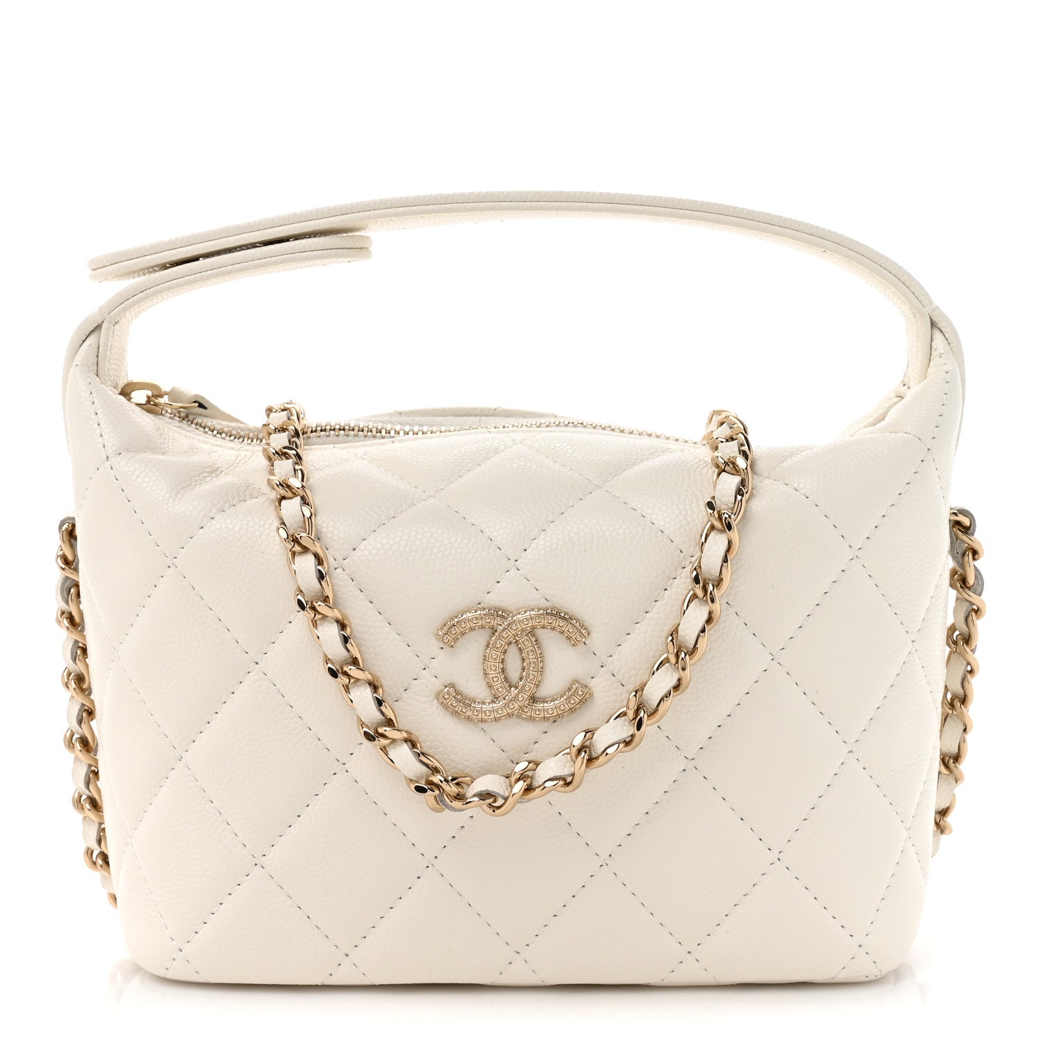 Caviar Quilted Hobo Clutch With Chain White