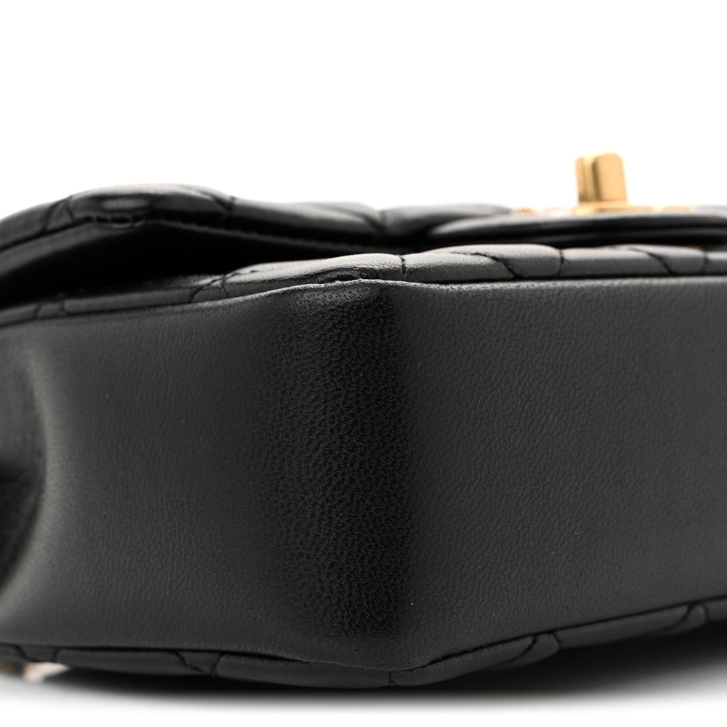 Shiny Lambskin Quilted Pearl Twist Mini Square Flap Black