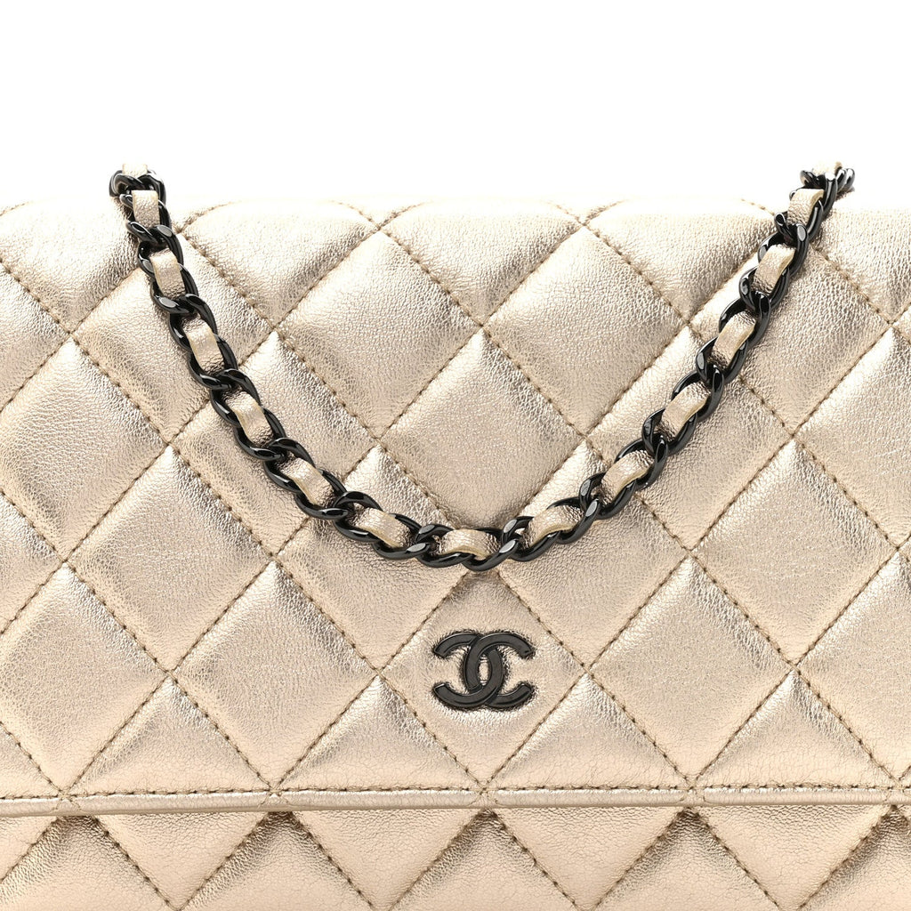 Metallic Lambskin Quilted Wallet On Chain WOC Gold Black