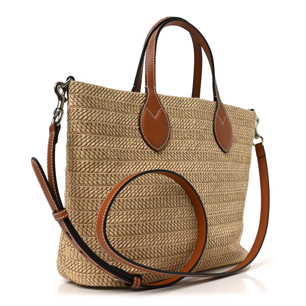 Raffia Woven Logo Patch Medium Tote Bag Natural Brown Multicolor