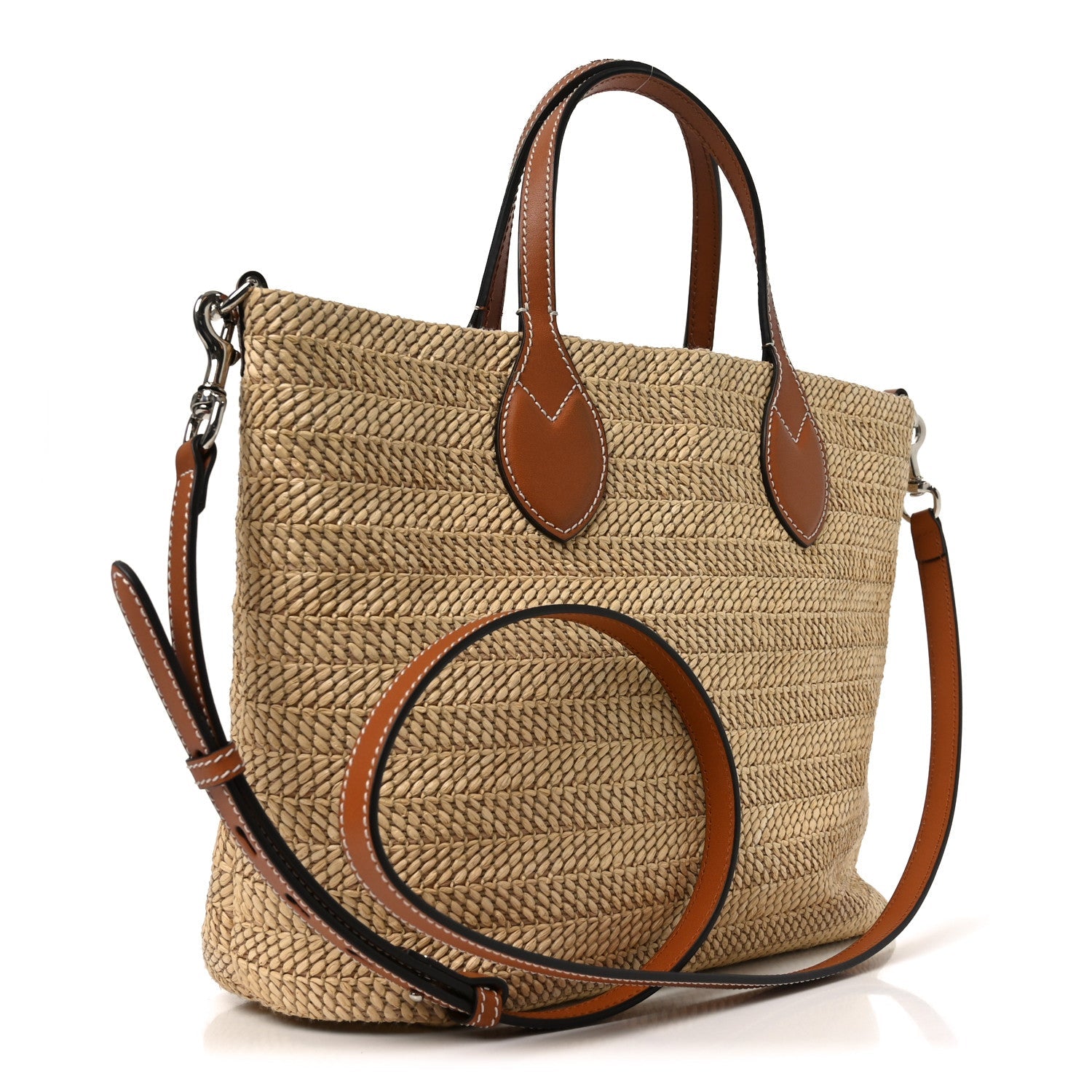 Raffia Woven Logo Patch Medium Tote Bag Natural Brown Multicolor
